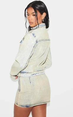 Hot PrettyLittleThing Seam Detail Buckle Neck Racer Denim Jacket Light Blue Acid Wash