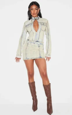 Hot PrettyLittleThing Seam Detail Buckle Neck Racer Denim Jacket Light Blue Acid Wash