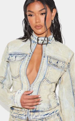 Hot PrettyLittleThing Seam Detail Buckle Neck Racer Denim Jacket Light Blue Acid Wash