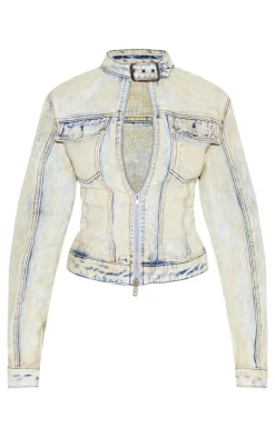 Hot PrettyLittleThing Seam Detail Buckle Neck Racer Denim Jacket Light Blue Acid Wash