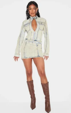 Online PrettyLittleThing Seam Detail Denim Mini Skirt Light Blue Acid Wash