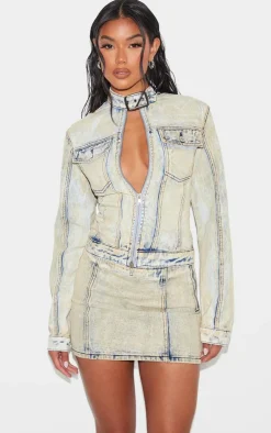 Online PrettyLittleThing Seam Detail Denim Mini Skirt Light Blue Acid Wash