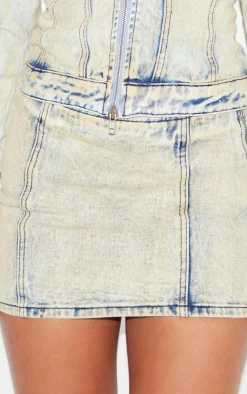 Online PrettyLittleThing Seam Detail Denim Mini Skirt Light Blue Acid Wash