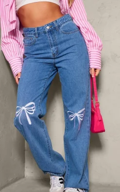 Light Blue Bow Detail Embroidered Denim Jeans