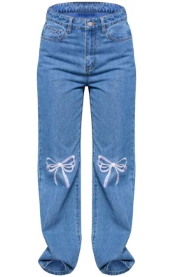 Light Blue Bow Detail Embroidered Denim Jeans