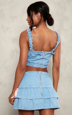 Best PrettyLittleThing Bow Detail Frill Sleeve Crop Top Light Blue