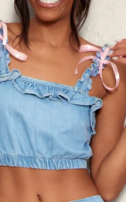 Best PrettyLittleThing Bow Detail Frill Sleeve Crop Top Light Blue