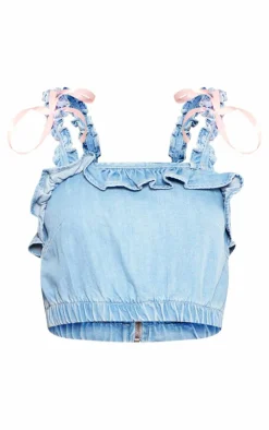 Best PrettyLittleThing Bow Detail Frill Sleeve Crop Top Light Blue