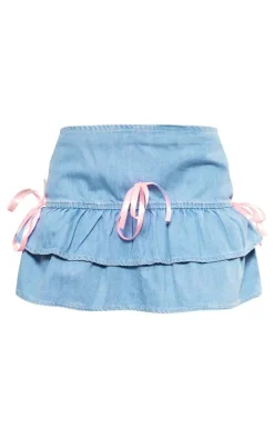 Sale PrettyLittleThing Bow Detail Frill Denim Mini Skirt Light Blue