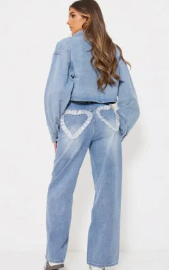 Discount PrettyLittleThing Chiffon Heart Pocket Detail Wide Leg Jean Light Blue