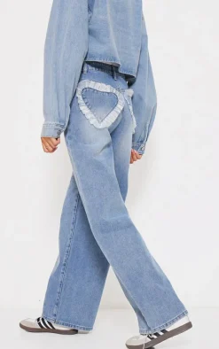 Discount PrettyLittleThing Chiffon Heart Pocket Detail Wide Leg Jean Light Blue