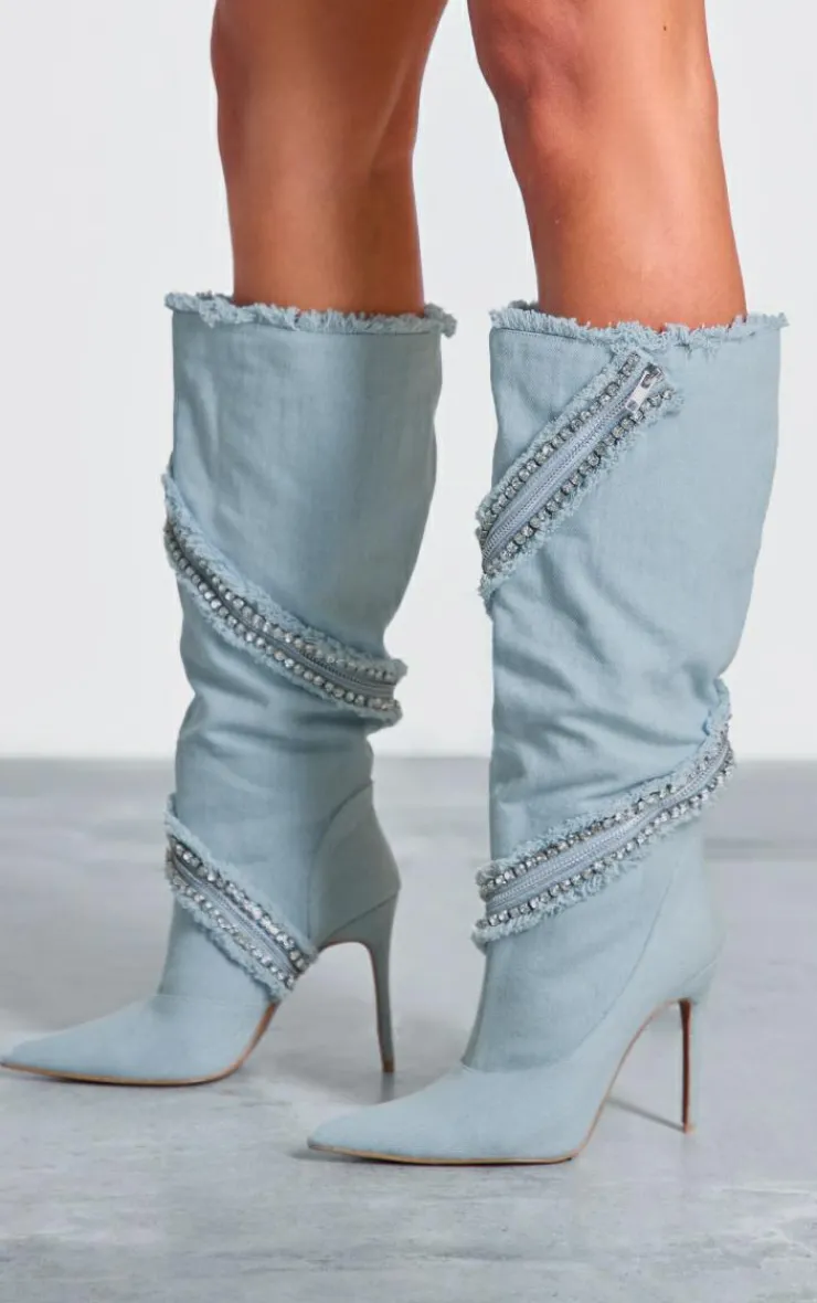 PrettyLittleThing Knee High Boots*Light Denim Point Toe Diamante Zip High Stiletto Knee High Boots