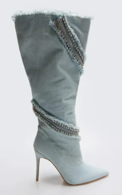 PrettyLittleThing Knee High Boots*Light Denim Point Toe Diamante Zip High Stiletto Knee High Boots