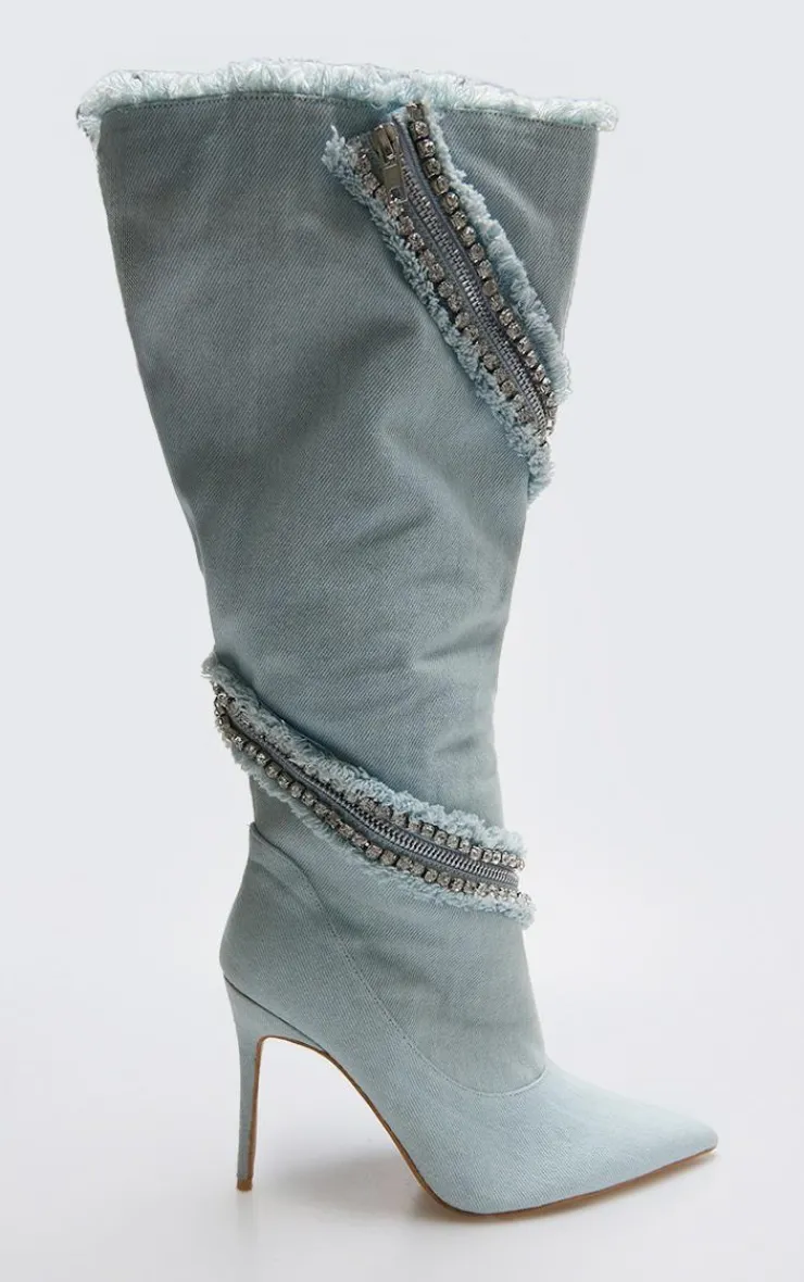 PrettyLittleThing Knee High Boots*Light Denim Point Toe Diamante Zip High Stiletto Knee High Boots
