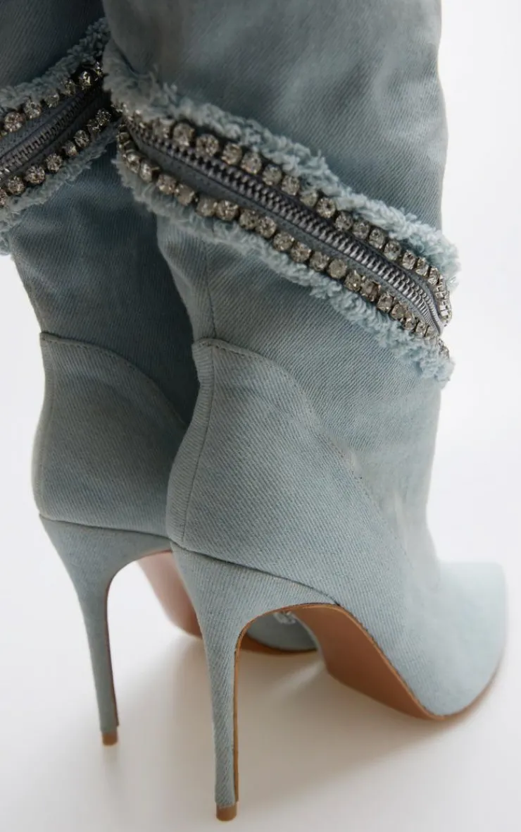 PrettyLittleThing Knee High Boots*Light Denim Point Toe Diamante Zip High Stiletto Knee High Boots