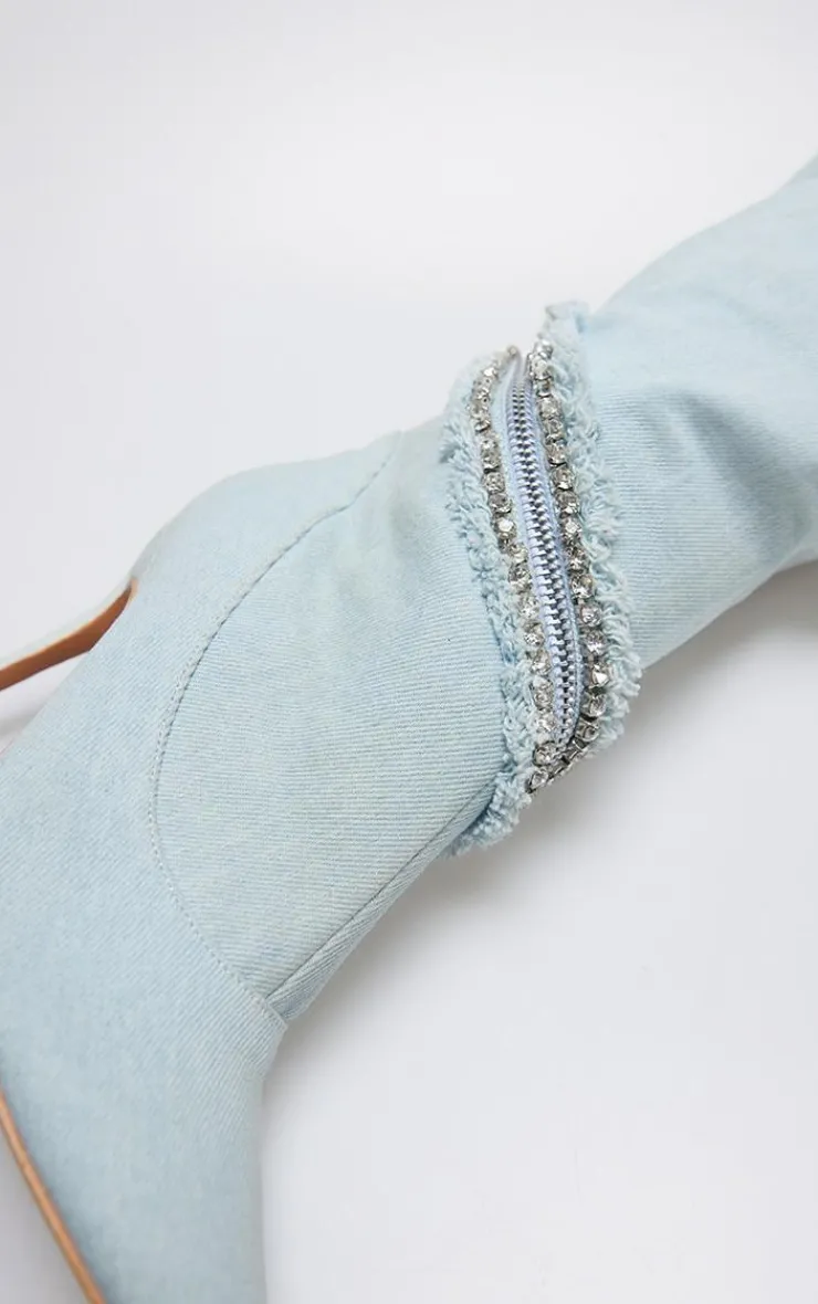 PrettyLittleThing Knee High Boots*Light Denim Point Toe Diamante Zip High Stiletto Knee High Boots