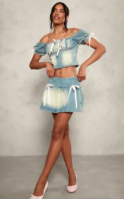 Clearance PrettyLittleThing Detail Bows Denim Mini Skirt Light Blue