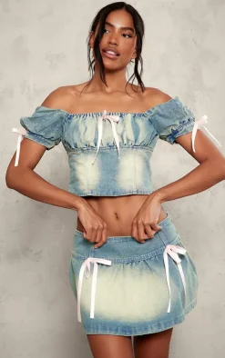Clearance PrettyLittleThing Detail Bows Denim Mini Skirt Light Blue