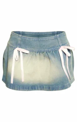 Clearance PrettyLittleThing Detail Bows Denim Mini Skirt Light Blue