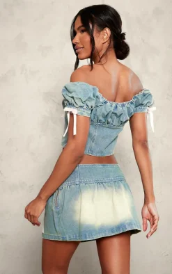 Clearance PrettyLittleThing Detail Bows Denim Milkmaid Crop Top Light Blue