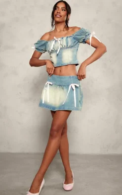 Clearance PrettyLittleThing Detail Bows Denim Milkmaid Crop Top Light Blue