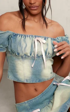 Clearance PrettyLittleThing Detail Bows Denim Milkmaid Crop Top Light Blue