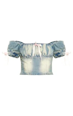 Clearance PrettyLittleThing Detail Bows Denim Milkmaid Crop Top Light Blue