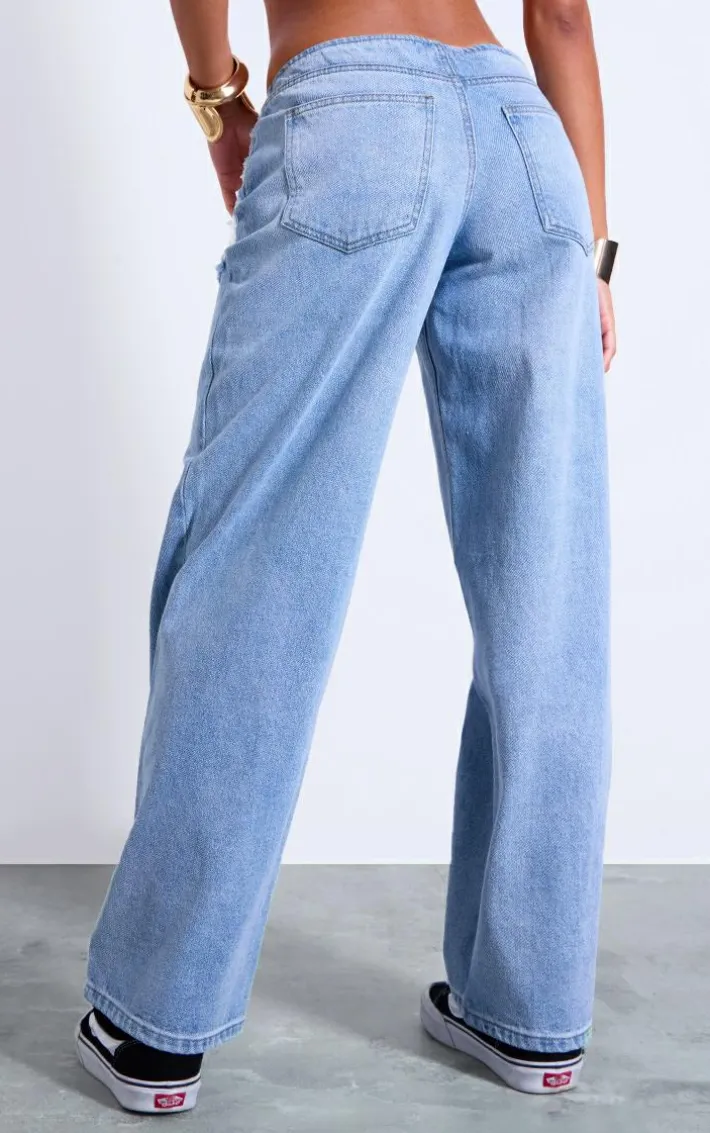 Light Blue Distressed Pocket Detail Straight Leg Jeans