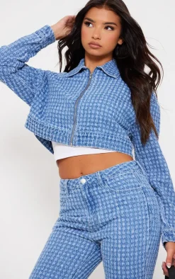 Hot PrettyLittleThing Distressed Stripe Denim Jacket Light Blue