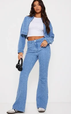 Hot PrettyLittleThing Distressed Stripe Denim Jacket Light Blue