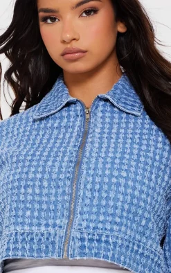 Hot PrettyLittleThing Distressed Stripe Denim Jacket Light Blue