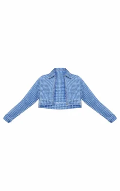 Hot PrettyLittleThing Distressed Stripe Denim Jacket Light Blue