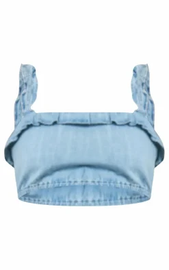 Sale PrettyLittleThing Elasticated Hem Ruffle Lightweight Chambray Denim Top Light Blue