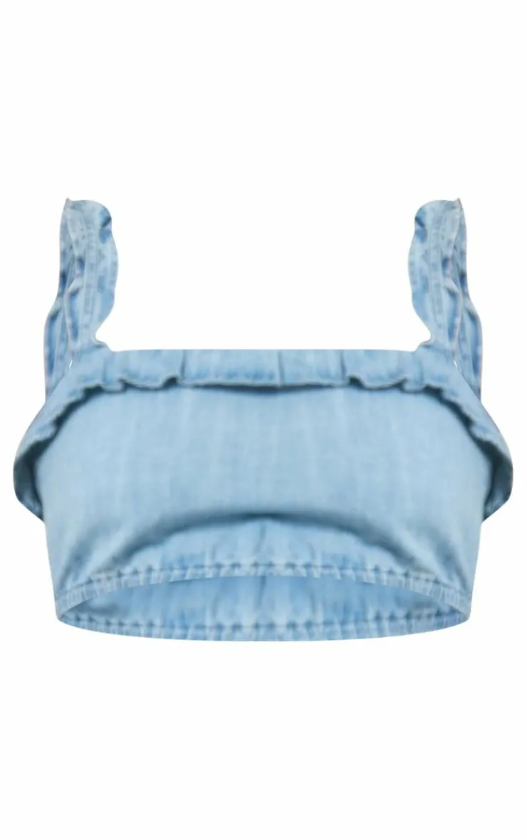 Sale PrettyLittleThing Elasticated Hem Ruffle Lightweight Chambray Denim Top Light Blue