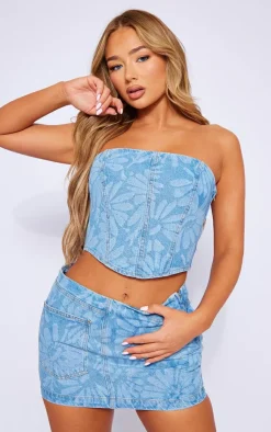 Hot PrettyLittleThing Flower Print Denim Mini Skirt Light Blue