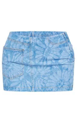 Hot PrettyLittleThing Flower Print Denim Mini Skirt Light Blue