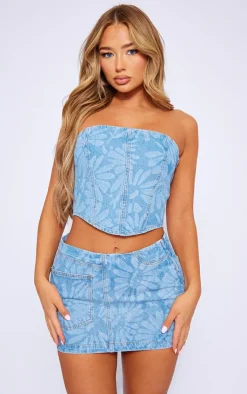 New PrettyLittleThing Flower Print Dipped Hem Denim Corset Light Blue