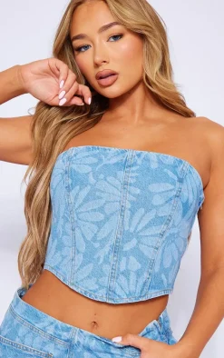 New PrettyLittleThing Flower Print Dipped Hem Denim Corset Light Blue