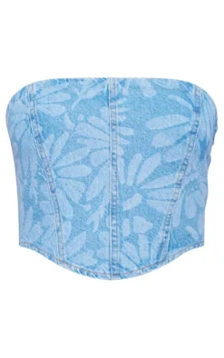 New PrettyLittleThing Flower Print Dipped Hem Denim Corset Light Blue