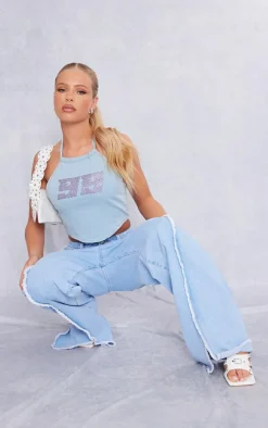 Light Blue Hot Fix Halterneck Lightweight Denim Top