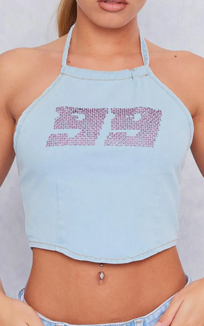 Light Blue Hot Fix Halterneck Lightweight Denim Top
