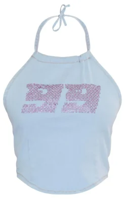 Light Blue Hot Fix Halterneck Lightweight Denim Top