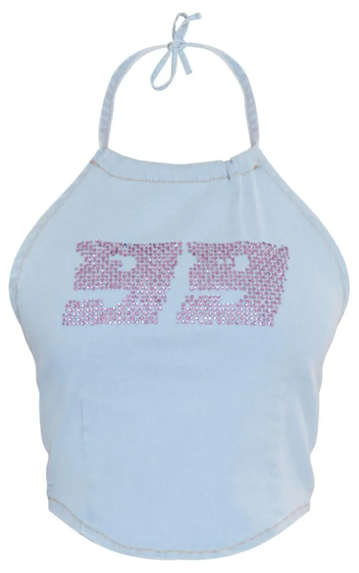 Light Blue Hot Fix Halterneck Lightweight Denim Top