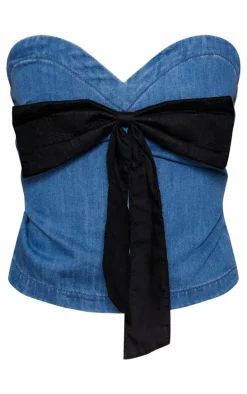 Light Blue Oversized Bow Bandeau Denim Top