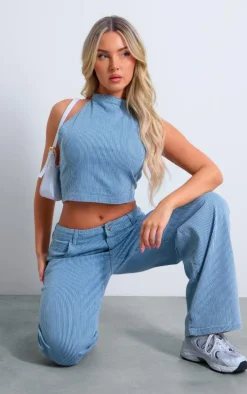 Light Blue Pinstripe Halterneck Denim Top