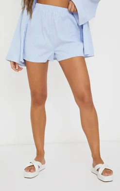 Online PrettyLittleThing Pinstripe Woven Elastic Waist Floaty Shorts Light Blue