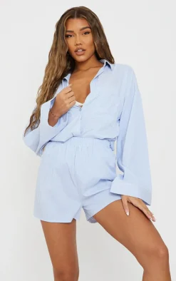 Online PrettyLittleThing Pinstripe Woven Elastic Waist Floaty Shorts Light Blue