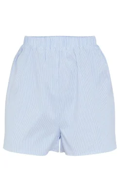 Online PrettyLittleThing Pinstripe Woven Elastic Waist Floaty Shorts Light Blue