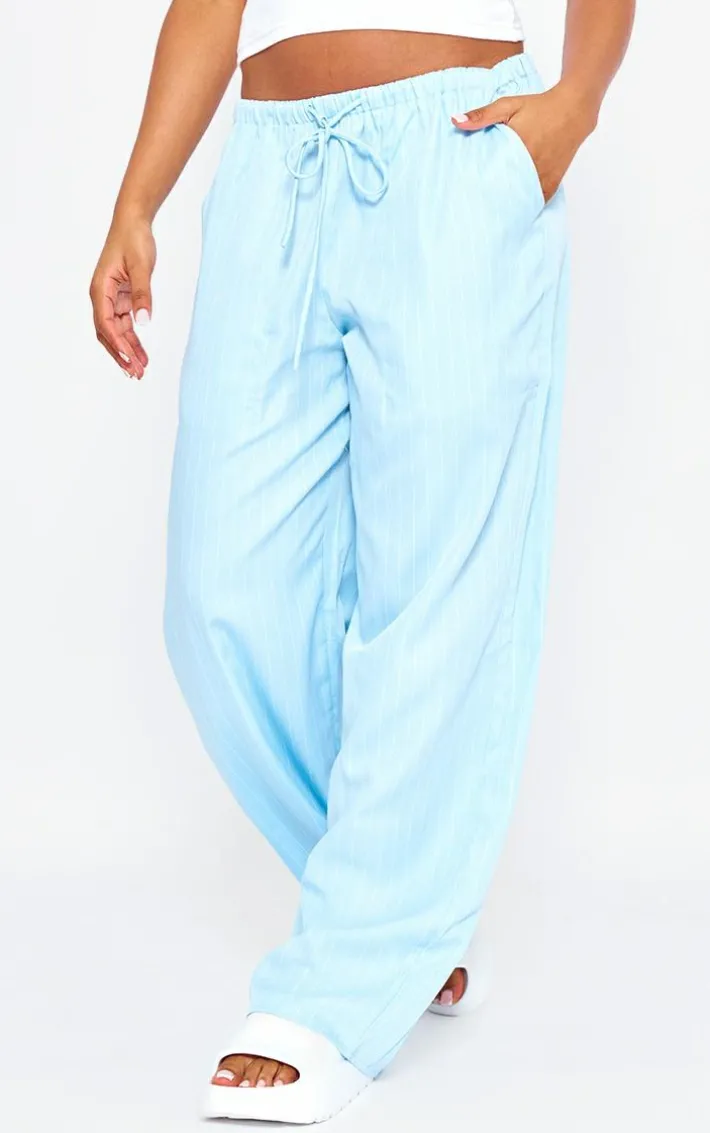 Light Blue Pinstripe Woven Drawstring Waist Low Rise Relaxed Pants