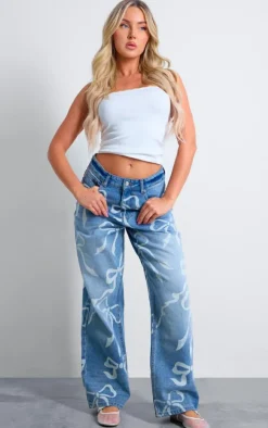 Light Blue Ribbon Detail Laser Print Jeans